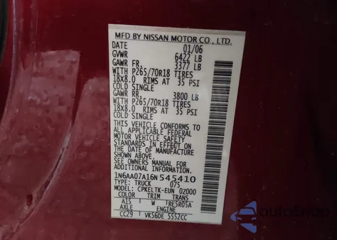 2006 Nissan Titan Se z USA, uszkodzony, nr VIN 1N6AA07A16N545410